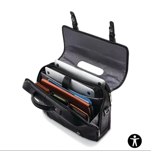 Samsonite Black Classic Leather Flapover Business Satchel Bag—Fits‎ 2 Laptops - Picture 9 of 16
